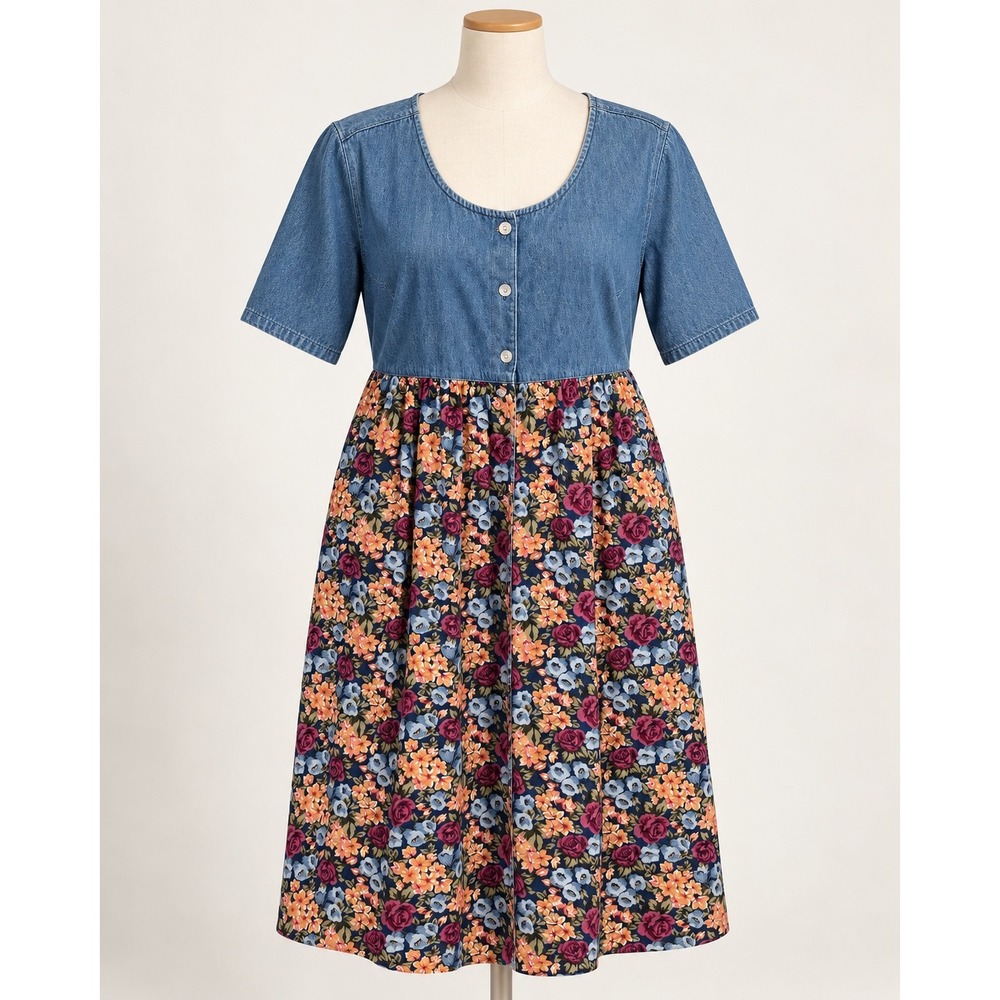 Vintage Bechamel Denim Floral Mixed Media Midi Dress Blue Orange Pink 2X Cotton
